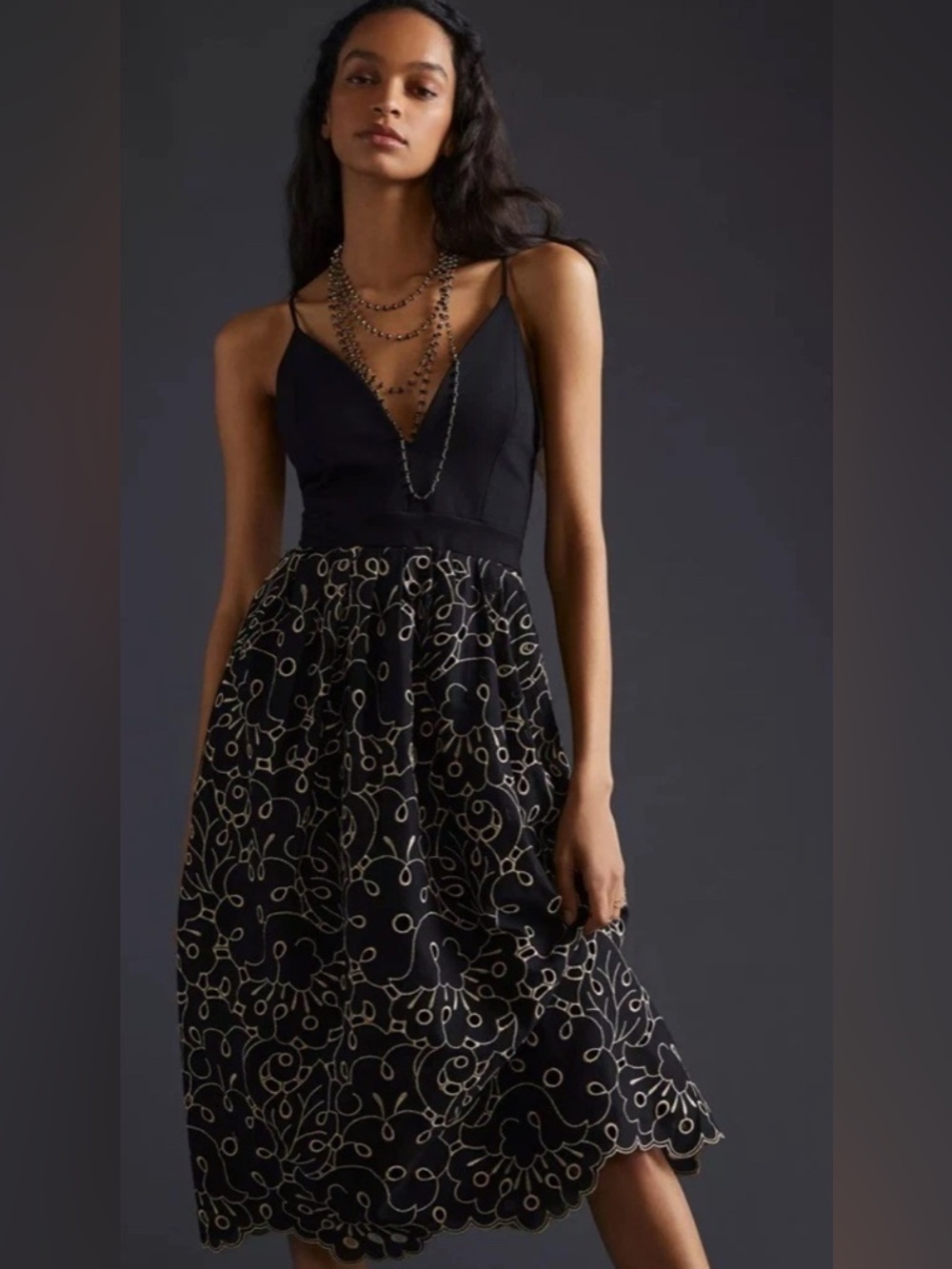 Anthropologie Black Midi Dress with Gold Embroidery